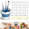 CATEDEE 20 Pack 10ml Empty Paint Pots with Lids,Leak-Proof Paint Cups with Lids,Complete Art Painting Set with 3 Paint Brushes&Foldable Brush Wash Cup,for Acrylic Watercolor DIY Craft Classroom School