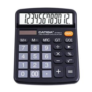 CATIGA 12 Digit Desk Calculator, Desktop Calculators with Large LCD Display & Big Buttons, Basic Simple 4 Function Solar Calculator, Dual Power Solar & Battery for School, Office & Home (CD-2786)