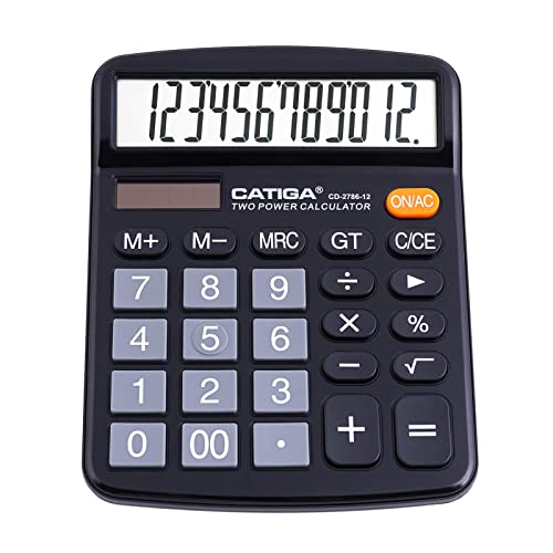 CATIGA 12 Digit Desk Calculator, Desktop Calculators with Large LCD Display & Big Buttons, Basic Simple 4 Function Solar Calculator, Dual Power Solar & Battery for School, Office & Home (CD-2786)