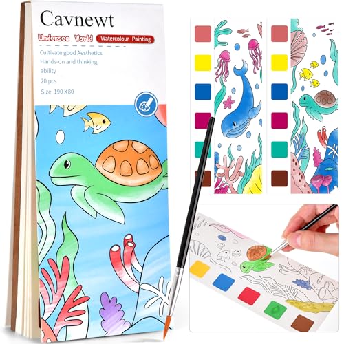 Cavnewt Pocket Watercolor Painting Book,21-Pages,Travel Paint Watercolor Coloring Book Set for Kids 3-8 Years Old,Boys and Girls Party Birthday Thank You Exchange Art Craft Gifts-Undersea World