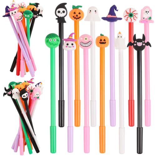 CCINEE 24 Pcs Halloween Pens, 12 Styles Cute Cartoon Ghost Pumpkin Witch Hat Skull Bat Gel Ink Pens 0.5mm Black RollerBall Pen for Kids Adults Halloween Party School Home Office Supplies