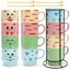 Cedilis Set of 4 Stackable Cat Mug with Stand and Spoon, 15 oz Cute Ceramic Coffee Mug for Cat Lover, Cappuccino, Tea, Hot Cocoa, Latte, Drinks, Green, Blue, Pink, Yellow