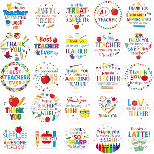 Ceiba Tree 375Pcs Thank You Teacher Label Stickers 1.5 Inch Teachers Appreciation Week Gifts Stickers for Envelope Seal Greeting Cards Boxes Bags Party Favor Decorations