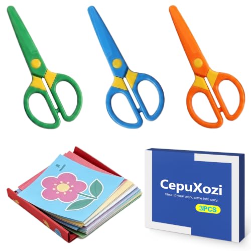 CepuXozi 3-Pack Toddler Safety Scissors Kit, Preschool Training Scissors for Toddlers Ages 2-5 Years, Blunt Tip Safety Scissors with 60 Craft Paper Sheets, Ergonomic Kids Scissors
