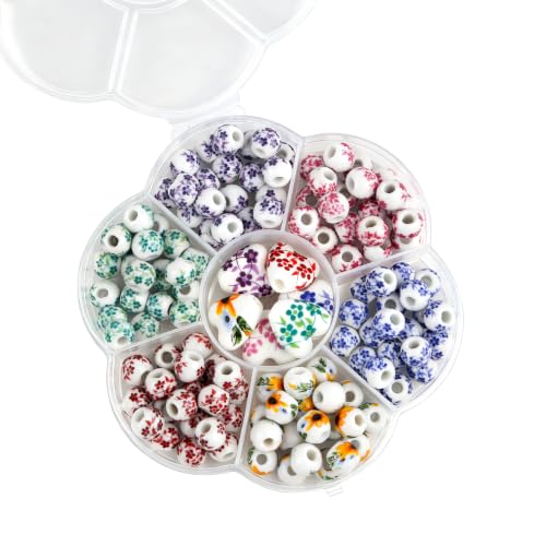 Ceramic Beads, Heart Beads, Round Porcelain Beads 8 mm Multicolor Flower Printed Spacer Beads Handmade Porcelain Craft Beading Kit for Jewelry Making Supplies DIY Crafts Bracelets Necklace (1)