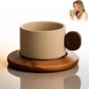 Ceramic Coffee Mug Set with Wooden Coaster, 8oz Small Coffee Cup with Rustic Textured Design, Minimalist Tea Cup for Home Office Kitchen, Aesthetic Drinkware Gift for Coffee Lovers (D1)