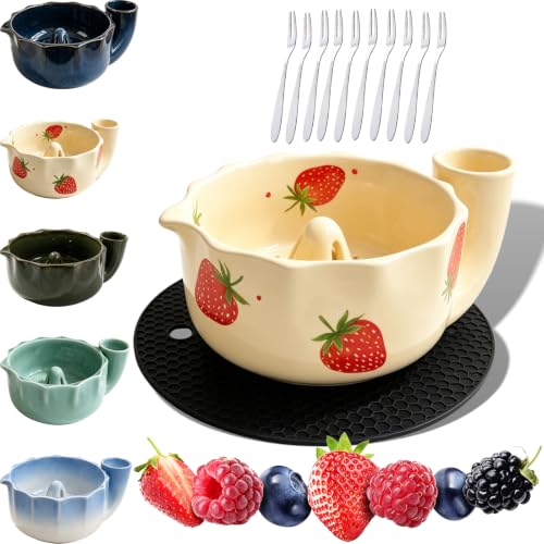 cetzork Berry Bowls with Holes Ceramic - Berry Vortex Bowl Ceramic, Self Spinning Fruit Washer Spinner, Multipurpose Colander Basket for Strawberries, Blueberries & Grapes ,A-set