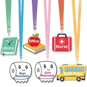 Chambom 6 Sets Hall Passes for Classrooms - Unbreakable Wooden Hall Pass with Breakaway Lanyards for Classroom, School Passes Set with Restroom, Hall, Library, Office, Nurse School Classroom Supplies