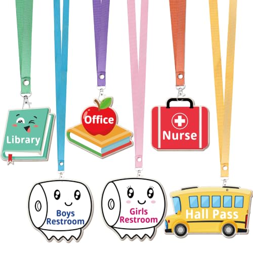 Chambom 6 Sets Hall Passes for Classrooms - Unbreakable Wooden Hall Pass with Breakaway Lanyards for Classroom, School Passes Set with Restroom, Hall, Library, Office, Nurse School Classroom Supplies