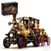 chanbrick Retro Mechanical Steam Car Building Set for Adults, Vintage Steampunk Locomotive Vehicle Engine Kit Collectible Model with Light for Home Office Classic Decor -1331pcs