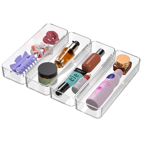 CHANCETSUI Clear Acrylic Drawer Organizer Storage: Stackable Plastic Storage Tray for Makeup and Personal Care, 4 Pieces, 3x9 Inch
