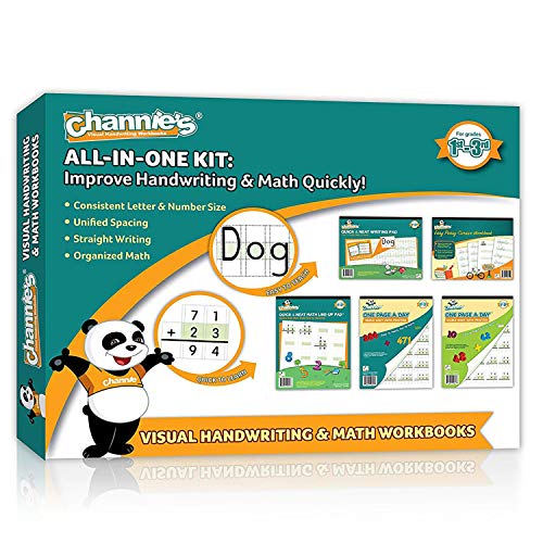 Channie’s All-in-One Kit, with Double & Triple Digit Math Practice Worksheets, Writing Pad, Math Line-Up Pad, Easy Peasy Cursive Handwriting Workbook for Kids, Free ABC Card