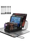 Charging Station for Multiple Devices, 10-Port USB Fast Charging Dock w/Adjustable Dividers & 8 Cables, 65W Laptop Port, Fireproof & Anti-Slip for Office Home Gamers