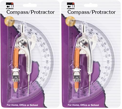 Charles Leonard Ball Bearing Compass and 6 Inch Protractor Combo Set, Metal/Clear Plastic, Assorted Colors, 1 Combo Pack (80960) (Pack of 2)