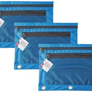 Charles Leonard Pencil Pouch for Binder with 2 Pockets, Front Mesh Pocket, Assorted Colors,Green (Pack of 3)