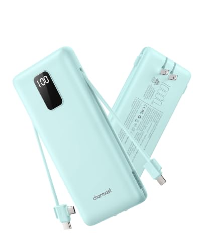 charmast Power Bank 10000mAh Portable Charger with AC Plug and Built-in Cables for iOS and Type-C - Compact Battery Pack Travel Essentials External Phone Charger for iPhone 17 16 15 14, Samsung, iPad