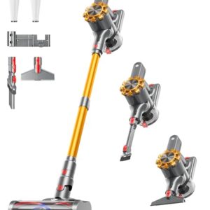 CHEBIO Cordless Vacuum Cleaner, 550W/45Kpa Vacuum Cleaners for Home with LED Display, Anti-Tangle&Wall Mount, 65Mins Wireless Vacuum, 8 in 1 Lightweight Stick Vacuum for Hard Floor/Carpet/Hair (Gold)