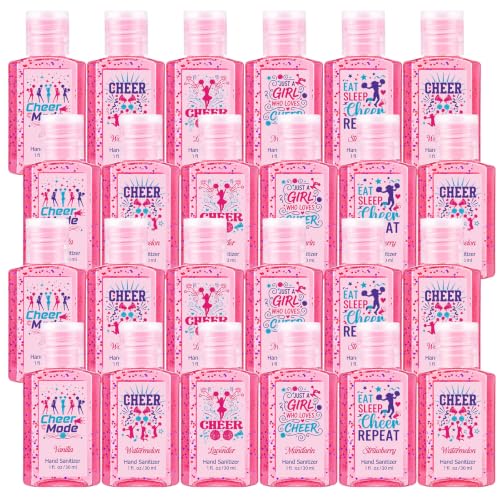 CHENGU 24 Pcs Cheerleading Theme Hand Sanitizer Gel Pink Style 1 Ounce Pink Style Gel Hand Sanitizer 6 Scents Peach Vanilla Lavender Mandarin Strawberry Watermelon for Gifts Favors Team Events