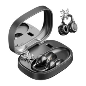CHENRUIDA Clip On Earbuds Open Ear Headphones Wireless Bluetooth 6.0 with Sparkle Butterfly Earrings,Earring-in Storage Case with Mirror and LED Display,40H Playtime,Ideal for Women,Girls(Black)
