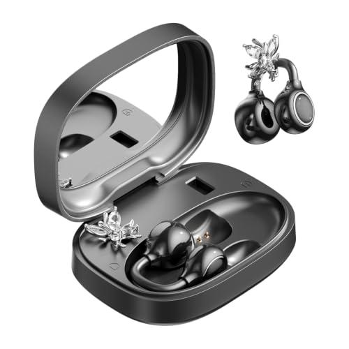 CHENRUIDA Clip On Earbuds Open Ear Headphones Wireless Bluetooth 6.0 with Sparkle Butterfly Earrings,Earring-in Storage Case with Mirror and LED Display,40H Playtime,Ideal for Women,Girls(Black)