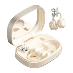 CHENRUIDA Clip On Earbuds Open Ear Headphones Wireless Bluetooth 6.0 with Sparkle Butterfly Earrings,Earring-in Storage Case with Mirror and LED Display,40H Playtime,Ideal for Women,Girls(Skin)