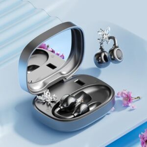 CHENRUIDA Clip On Earbuds Open Ear Headphones Wireless Bluetooth 6.0 with Sparkle Butterfly Earrings,Earring-in Storage Case with Mirror and LED Display,40H Playtime,Ideal for Women,Girls(Darkblack)