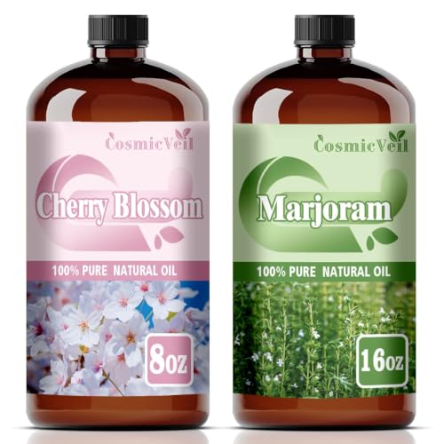 Cherry Blossom Essential Oil 8 Fl Oz (240Ml) and Marjoram Essential Oil 16 Fl Oz (480Ml) Fragrance Oil for Aroma Diffuser,Humidifier,Home Fragrance,Spa,Cleaning,Body Care,Massage,Yoga,DIY Candle