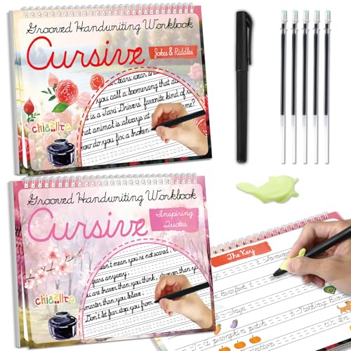 chiazllta 2 Pack Cursive Grooved Handwriting Workbooks Grooved Cursive Reusable Writing Practice Copy Books with Disappearing Ink Pens Learning Activities Supplies (Jokes Riddles&Inspiring Quotes)