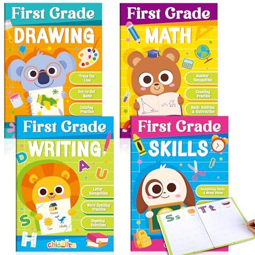 chiazllta 4 Pack 1st Grade Workbook Set for Kids Ages 6-7 Fun First Grade Workbook for Learning Drawing Math Skill Writing All Subjects Curriculum Preschool Preparation Bridging Kindergarten