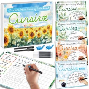 chiazllta 4 Pack Grooved Cursive Handwriting Practice Kit with Disappearing Ink Pens Magic Reusable Grooved Cursive Writing Workbooks Copybook for Beginners Kids (Words&Sentence&Reading&Letters)