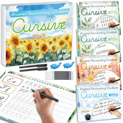 chiazllta 4 Pack Grooved Cursive Handwriting Practice Kit with Disappearing Ink Pens Magic Reusable Grooved Cursive Writing Workbooks Copybook for Beginners Kids (Words&Sentence&Reading&Letters)