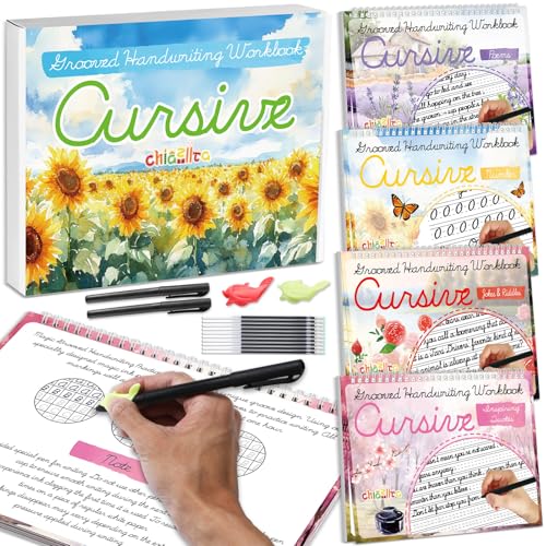 chiazllta 4 Pack Grooved Cursive Handwriting Practice Kit with Disappearing Ink Pens Magic Reusable Grooved Cursive Writing Workbooks Copybook for Kids (Poems&Number&Jokes Riddles&Inspiring Quotes)