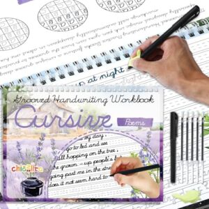 chiazllta Grooved Cursive Handwriting Workbook with Disappearing Ink Pens Magic Reusable Grooved Cursive Writing Practice for Beginners Kids Kickoff Student Workbook Homeschooling Supplies (Poems)
