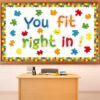 chiazllta Welcome Bulletin Board for Classroom with Inspirational Accents Puzzle Pieces Cutouts Border You Fit Right in Puzzle Bulletin Board Decoration Back to School Classroom Chalkboards Door Decor