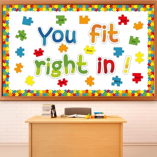 chiazllta Welcome Bulletin Board for Classroom with Inspirational Accents Puzzle Pieces Cutouts Border You Fit Right in Puzzle Bulletin Board Decoration Back to School Classroom Chalkboards Door Decor