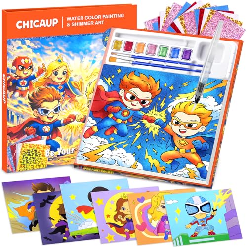 CHICAUP Paint with Water Coloring Books Shimmer Art Kit for Kids, Superhero Themed Arts and Crafts Set with Watercolor Painting Kit, Travel Art Supplies for Boys Girls Ages 4-8 Birthday Christmas