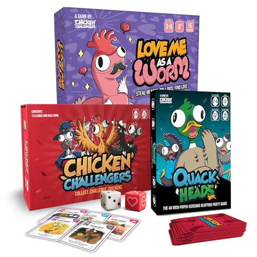 Chicken Challengers x Quack Heads x Love Me As a Worm Card Game Bundle | Battle, Bluffing & Dice-Rolling Party Games for 2–8 Players