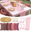 Chicplaid 17 Pcs Pink Table Decor Set Pink Gauze Table Runner 4 Woven Placemats 4 Cheesecloth Napkins 4 Wood Bead Napkin Rings 4 Pillow Covers for Romantic Wedding Birthday Party Home Backyard