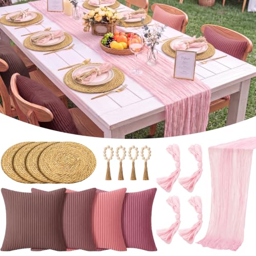 Chicplaid 17 Pcs Pink Table Decor Set Pink Gauze Table Runner 4 Woven Placemats 4 Cheesecloth Napkins 4 Wood Bead Napkin Rings 4 Pillow Covers for Romantic Wedding Birthday Party Home Backyard