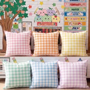 Chicplaid 6 Pcs Pastel Classroom Gingham Throw Pillow Cover 18 x 18 Inch Retro Plaid Classroom Calming Corner Decor Back to School Pillow Cases for Reading Corner Nursery Playroom Sofa Couch Decor