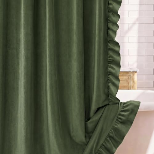 Chicplaid Velvet Shower Curtain with 3 Side Ruffled Hem Sage Green Shower Curtain Boho Vintage Bath Curtains with Hooks Waterproof for Bathroom Farmhouse French Country Aesthetic Decor, 72x72 Inch
