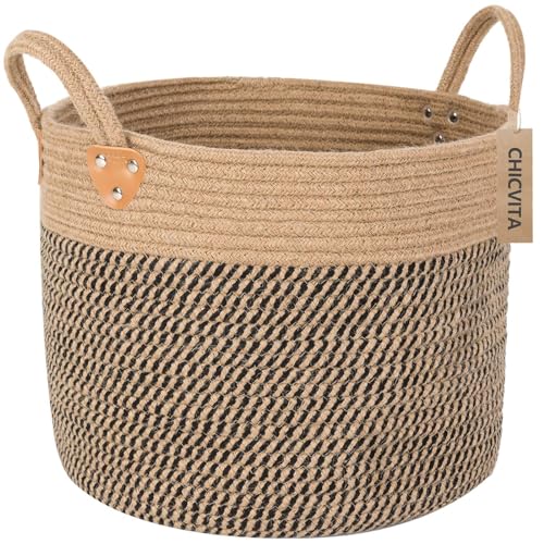 CHICVITA Wicker Laundry Basket With Handles, Storage Baskets for Decor, Rope Basket for Blankets, Toys, Clothes, Shoes, Plant Basket for Living Room, 14" X 14" X 12"