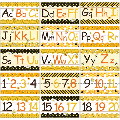 Chiisong 15 Pcs Alphabet Line Bulletin Board Set 26 Upper & Lower Case Letters Plus 0-20 Numbers Border ABC Alphabet Classroom Decoration for Preschool Kindergarten Classroom Wall Decor (Bee)