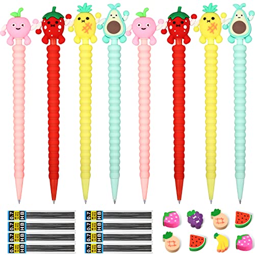Chinco 24 Pieces Cute Mechanical Pencil with Fruit Erasers and Refills Pastel Colorful Fruit Pencils Bulk with Fun Toppers for Girls Kids Students School (0.7 mm)