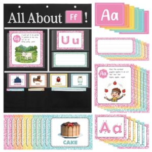Chivertion All About Letters Pocket Chart with 103 Pcs ABC Flash Cards, 34" x 27" Letter of the Day/Week Daypocket Chart Letters Tracing Learning Educational Wall Display for School Classroom Home