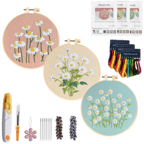 CHIYOSING Embroidery Kit for Beginners Adults, 3 Floral Pattern to Learn Over 30 Different Stitches,Includes Step-By-Step Instructions,Sharp Scissors and 2 Exquisite Hairpins and Multiple Accessories