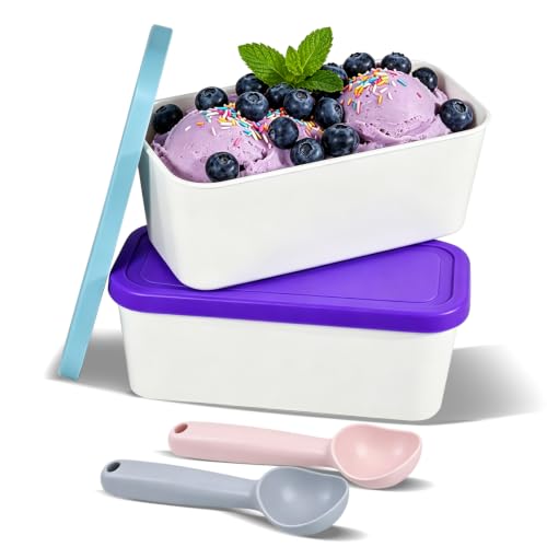 CHLJAR Ice Cream Containers with Aluminum Spoons, 2Qt Ice Cream Containers Set of 2, Reusable Freezer Storage for Homemade Ice Cream and Sorbet, Frozen Yogurt Flexible Silicone Lids, Stackable