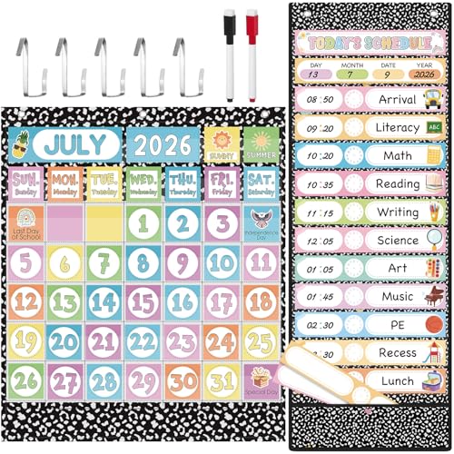 Cholemy 2 Pcs Classroom Monthly Calendar Pocket Chart with Double Sized Daily Schedule Cards Classroom Calendar Pocket Chart Cards and 5 Metal Hangers for Home Learning Supply School(Composition,A)
