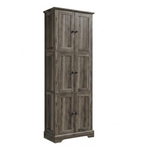 ChooChoo Tall Bathroom Storage Cabinet with 6 Doors, Freestanding Floor Cabinet with Adjustable Shelves, Rustic Weathered Gray Pantry Cabinet for Bathroom, Kitchen, Laundry Room