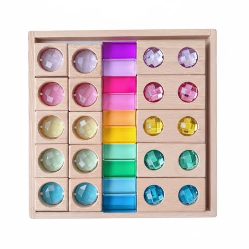 Chosertory Children Sensory Blocks Beech Wood Matching Board Set with Polished Acrylic Shapes for Sorting Stacking and Coordination, High Transparency Rainbow Window Combination No. 4